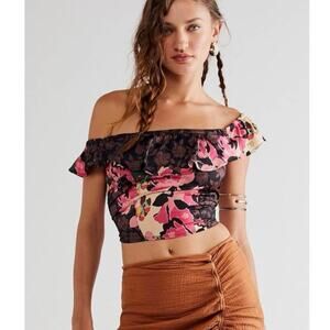 NWT Free People Pink Floral Smocked Ruffle Off The Shoulder Tank Top Size Medium